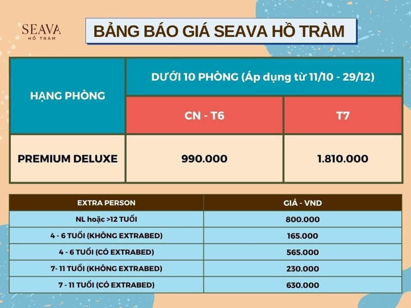 bảng giá phòng seava hồ tràm